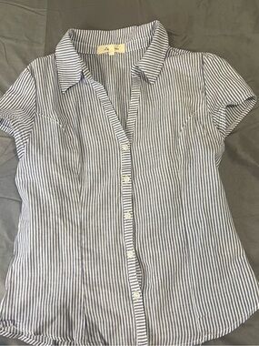 Love Notes Navy and White Striped Short-Sleeve Button Front Blouse
